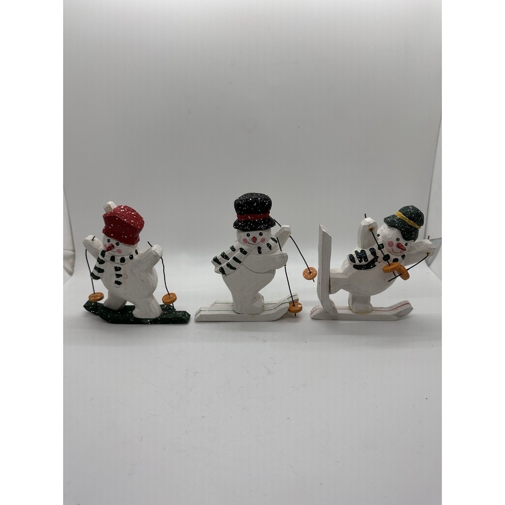 Vintage Carved Wood Snowman Ski Figurines Lot of 3‎ Delton Products